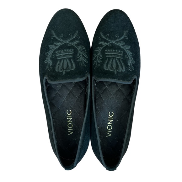 Vionic Shoes - Vionic Black Suede Slip-On Loafers Flats • Embroidered Crown • Comfort Orthotic